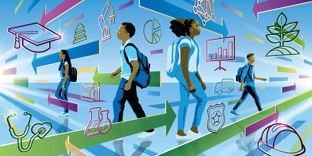 colorful lifestyle illustration showing people walking, driving cars, and using household appliances with physics force arrows